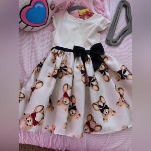 H&M White Dress with Teddy Bear Print and Black Bow